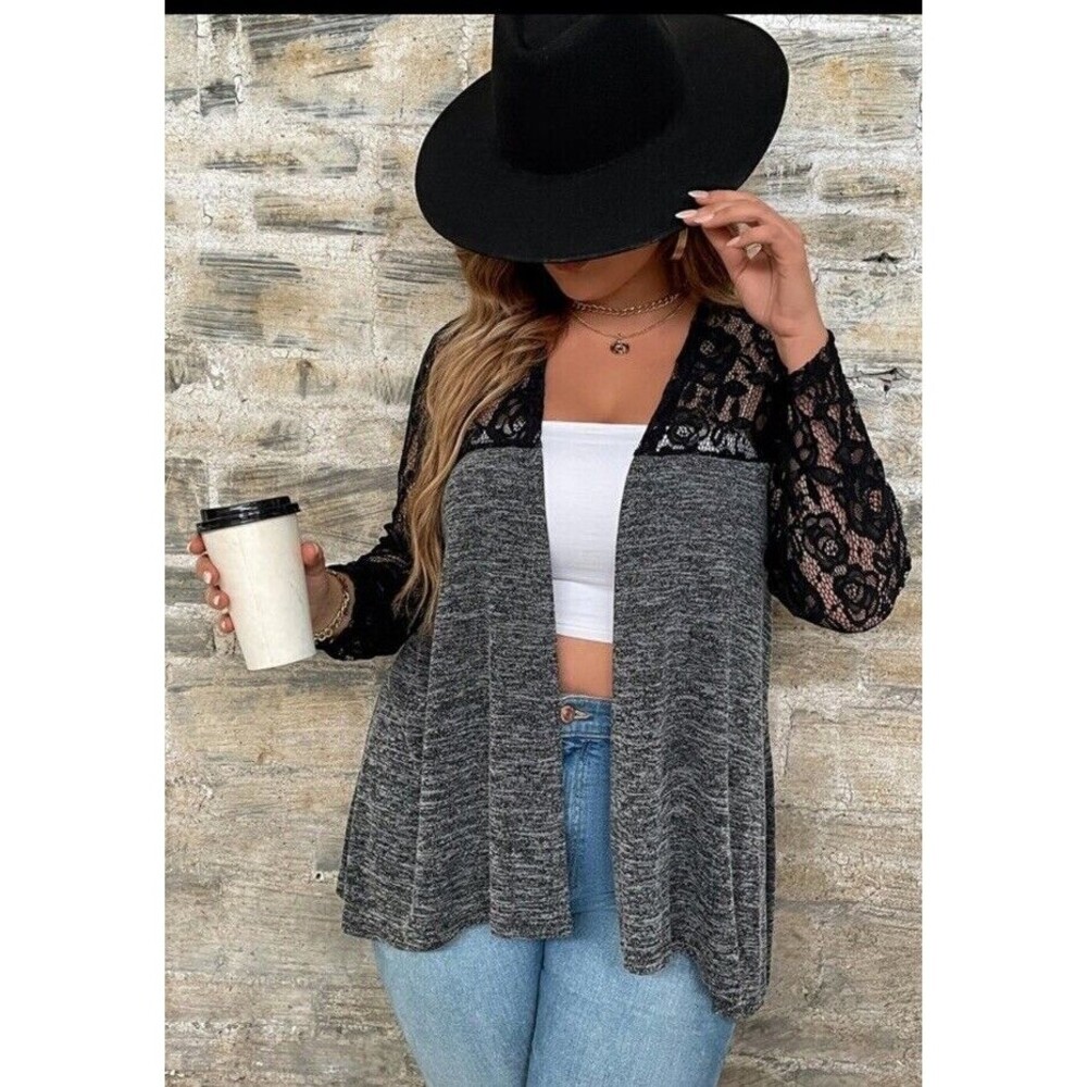 SHEIN Curve Women’s Cardigan Gray With Black Lace Accent Plus Size 3XL